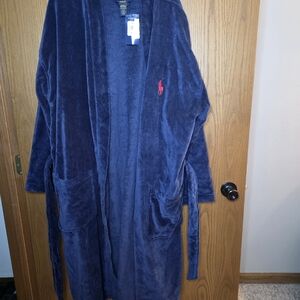 NWT Polo by Ralph Lauren Navy Blue Luxury Plush Robe with Red Polo Horse Emblem